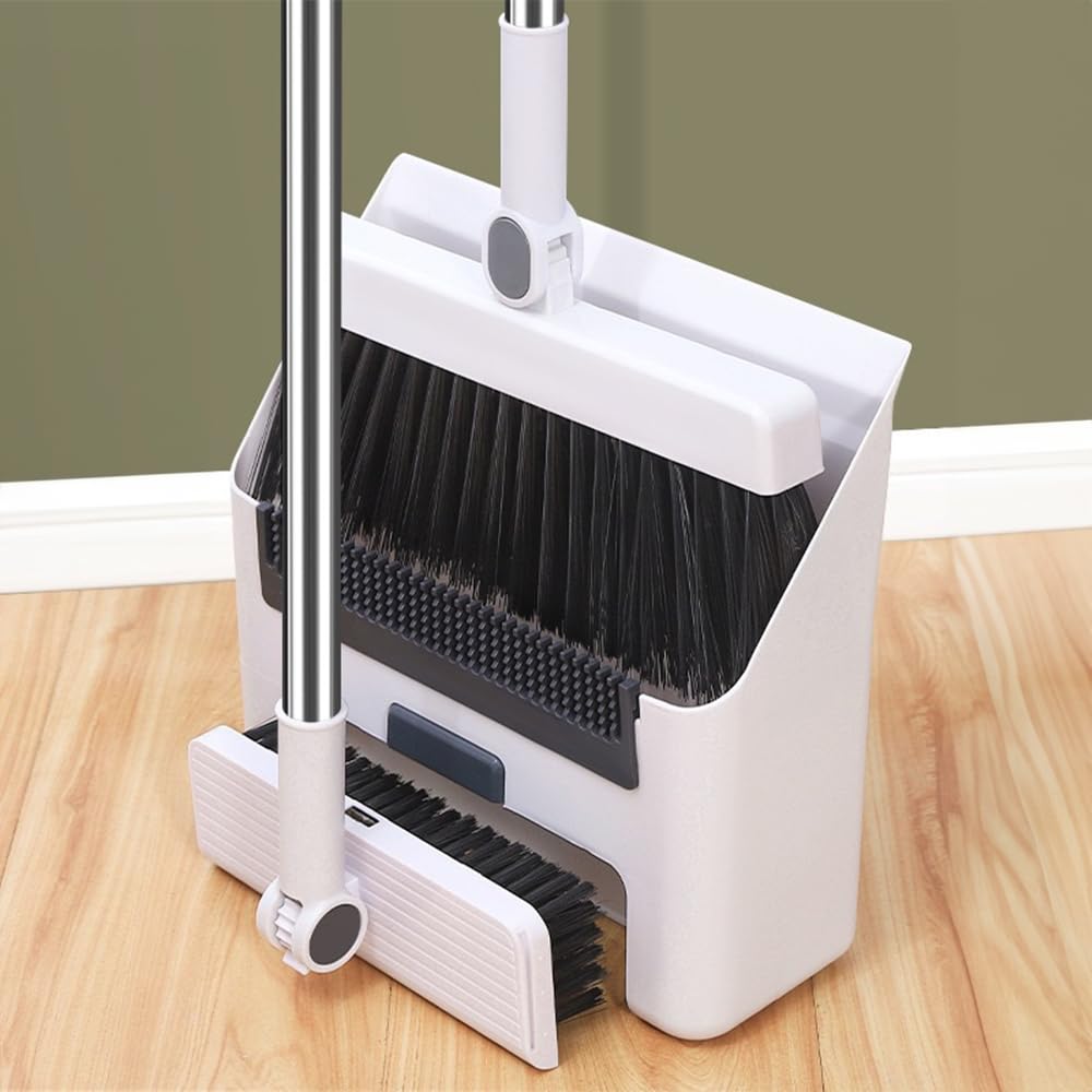 Beosior White Broom With Dustpan Combo Set, Brooms For Sweeping Indoor And Outdoor 3 In 1 Long Handle Broom, Brush And Dustpan Set,Broom Heavy-Duty For Home Cleaning Bathroom Kitchen (White)