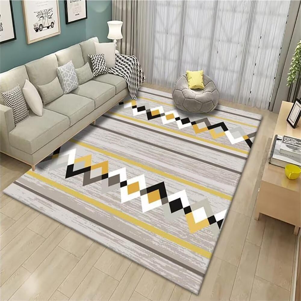 Tapis de salon jaune gris avec isolation phonique et entretien facile au quotidien