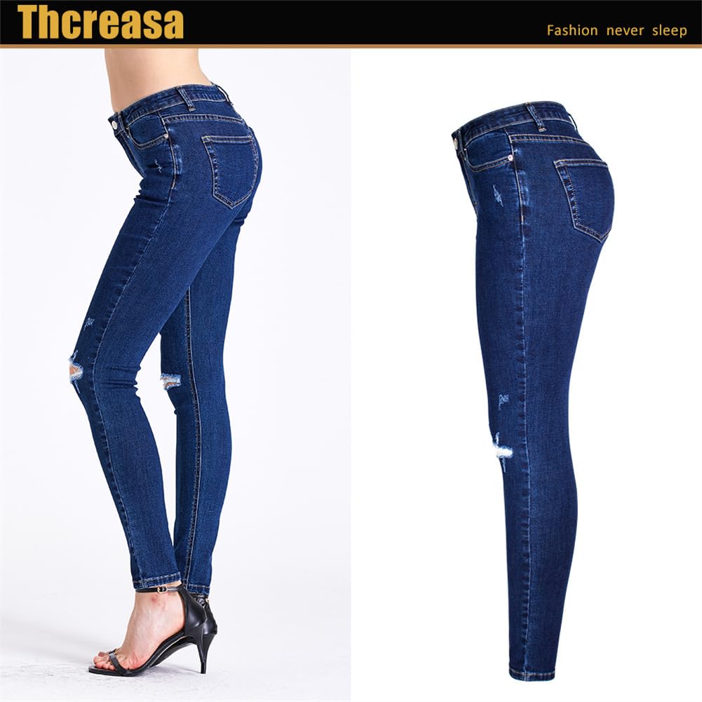 Pantalones Vaqueros, Pantalones De Pierna Pequeña Elásticos Ajustados Perforados para Mujer, Pantalones Lápiz