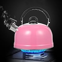 Vista 2 de Hervidor de té silbante de acero inoxidable, olla de agua caliente esférica rosa con mango ergonómico, tetera superior para estufa para el hogar