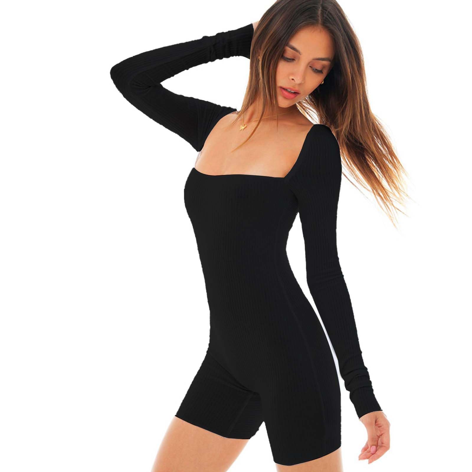 MeeQee Mono Corto de Mujer Manga Larga Con Cuello Cuadrado Acanalado de Mono Yoga Entrenamiento Deporte Romper