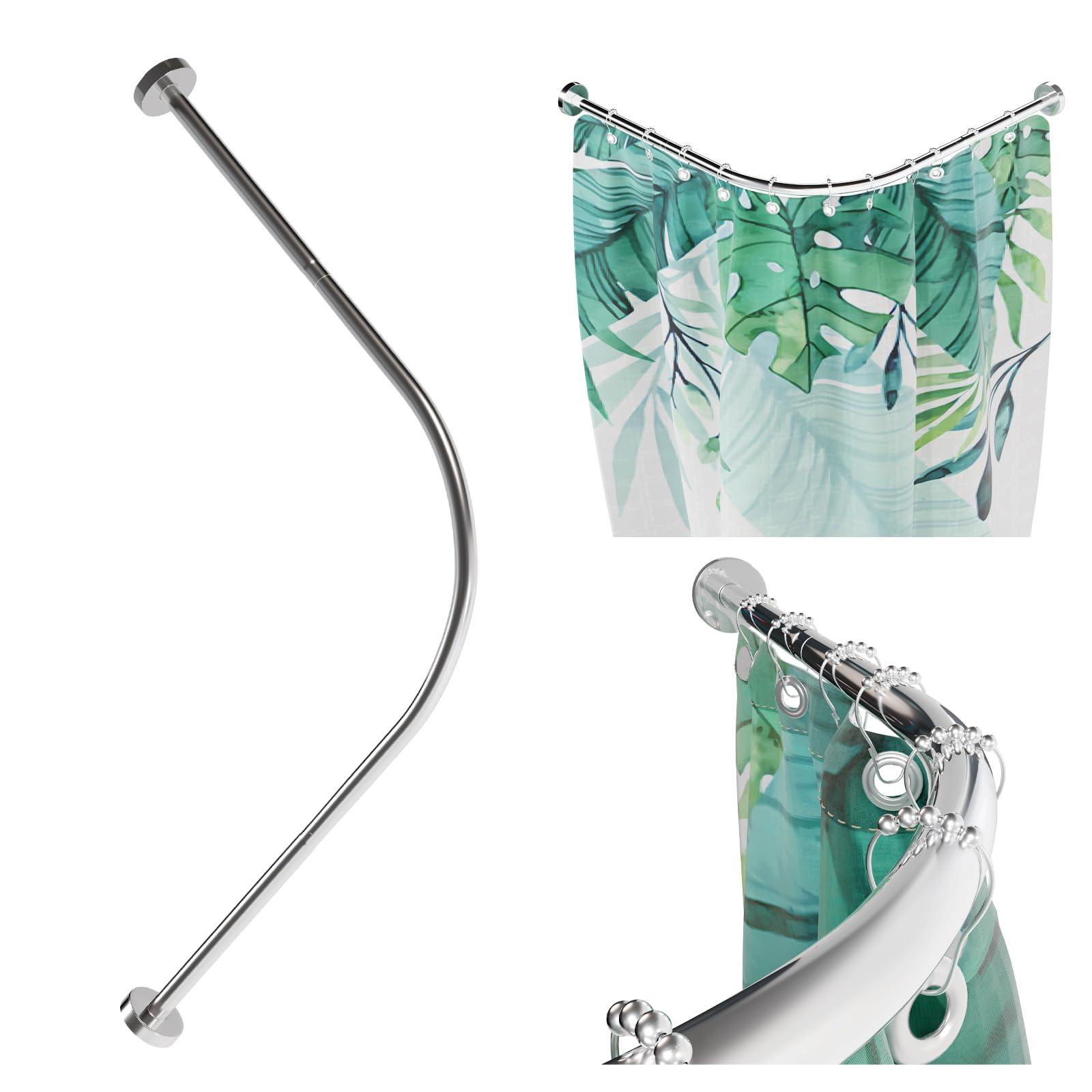 Yuanjimi Shower Curtain Rod, Curved Rods for Bathroom No Drill 27-37 Inch Dual Mount Stainless Steel Corner Shower Rod, Rustproof, Silver