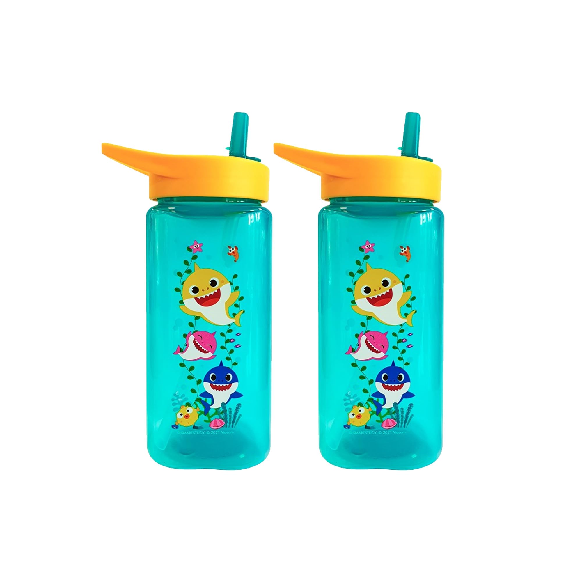 Baby Shark Water Bottle, 6M+ BPA Free 2 Pack 420ml Straw Sipper for Toddlers, Reusable Non Spill Flip Up Yellow Green Kids Lightweight School Nursery Bottle
