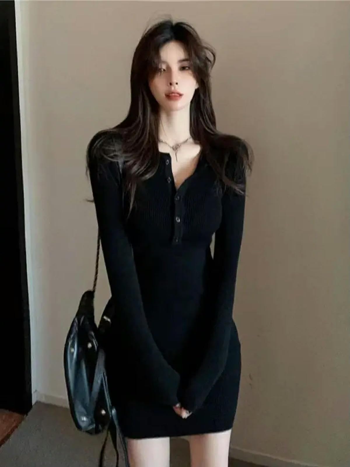 Vestito Mini Abito Inverno Autunno Donna Vccuggino A Villetto Sexy Maglione Elegante Abiti da Corpo Eleganti Abiti A Manica Lunga Gonna Corta-Nero-l