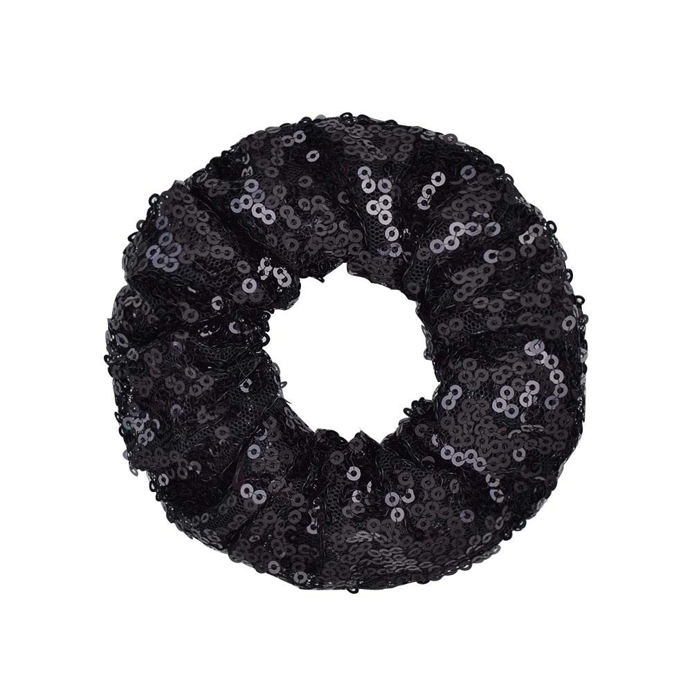 ZOONAI Women Teen Girls Sequins Satin Scrunchies Hair Accessories Elastic Sparkly Hair Ponytail Holder Hair Tie - Set of 2 (Black) - Image 2
