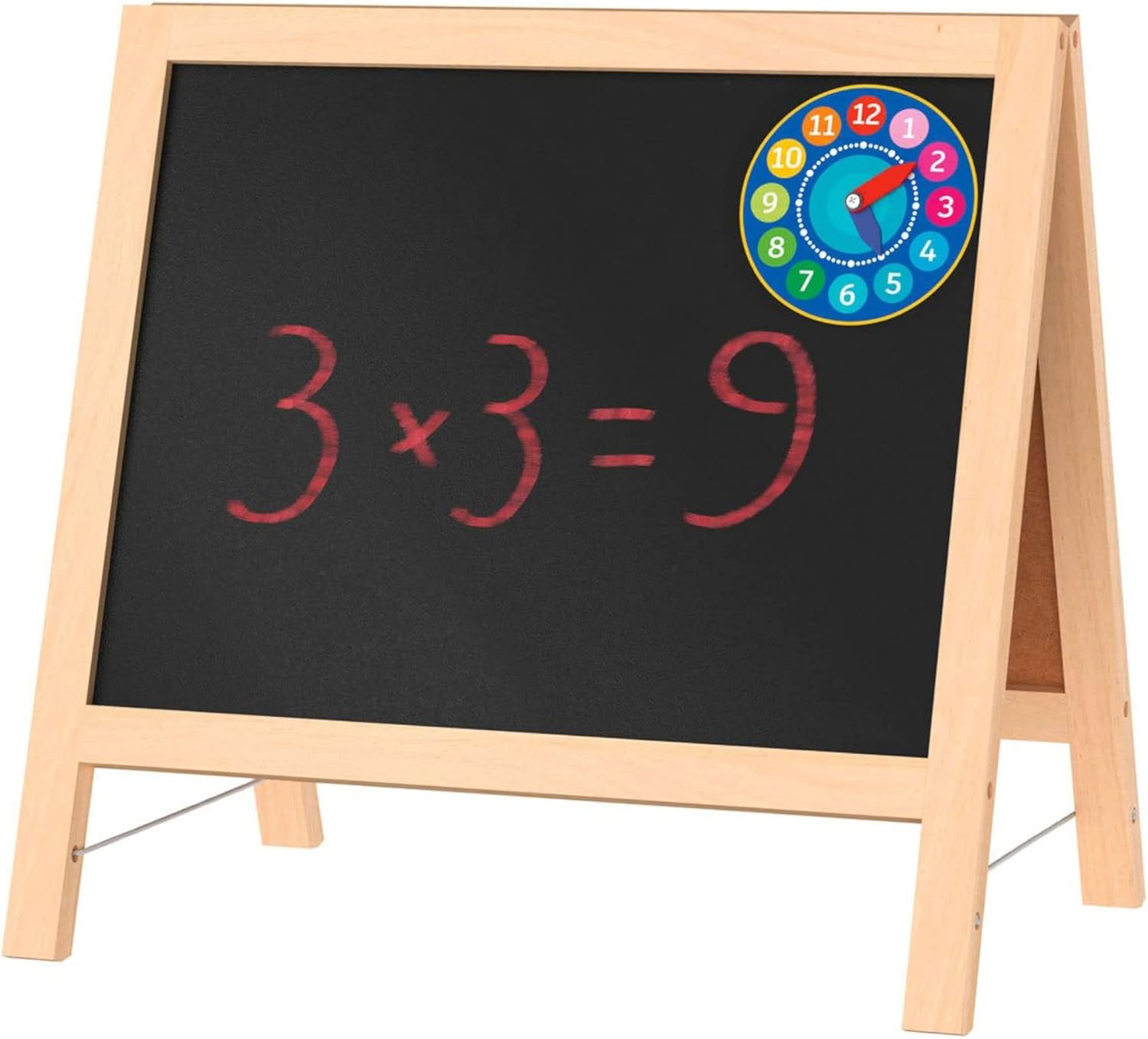 Playtive Wooden Table Easel showing the blackboard side with chalk writing and a colorful built-in learning clock.