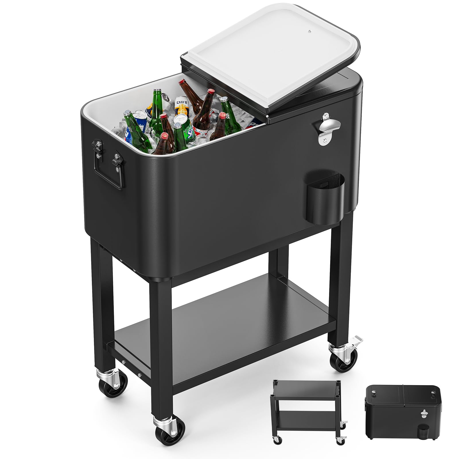 VINGLI Ghiacciaia Portatile 57L, Carello Portavivande con Apribottiglie, Tubo di Scarico e Ruote Bloccabili, Borsa Frigo Rigida Rimovibile, Portaghiaccio per Piscina, Bar, Feste e Barbecue (Nero)