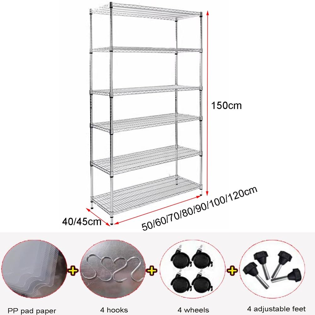 Scaffale regolabile a 4 ripiani in metallo in filo di acciaio inossidabile, 6 ripiani, per casa, cucina, ufficio, 60 x 40 x 150 cm, design resistente