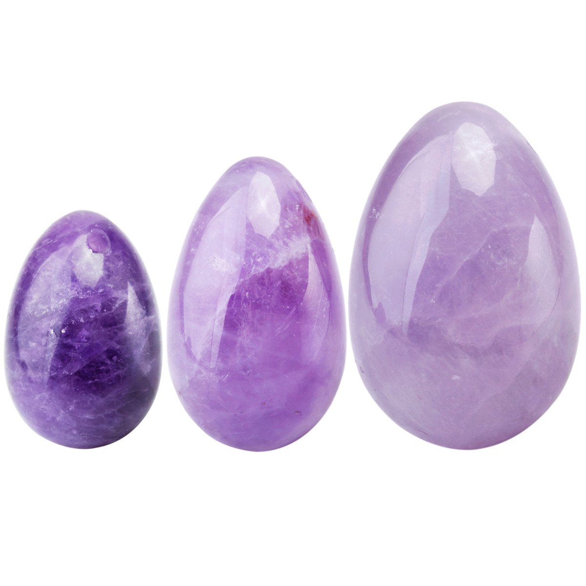 mookaitedecor Amethyst Yoni Eier Set mit 3 Größen, Kristall Yoni Ei Massage Steine für Frauen zum Trainieren von Beckenmuskeln Kegel-Übung, Kleine Größe