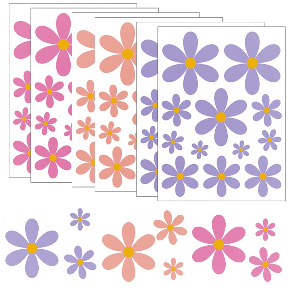 Mwrenqei Girls Daisy -1 6 Sheets Flower Wall Stickers Multi-Size Daisy Walls Decals Waterproof Daisy Sticker Peel And Stick Wall Art Stickers For Kids Nursery Playroom Bedroom Living Room - Pink/Purple/Orange