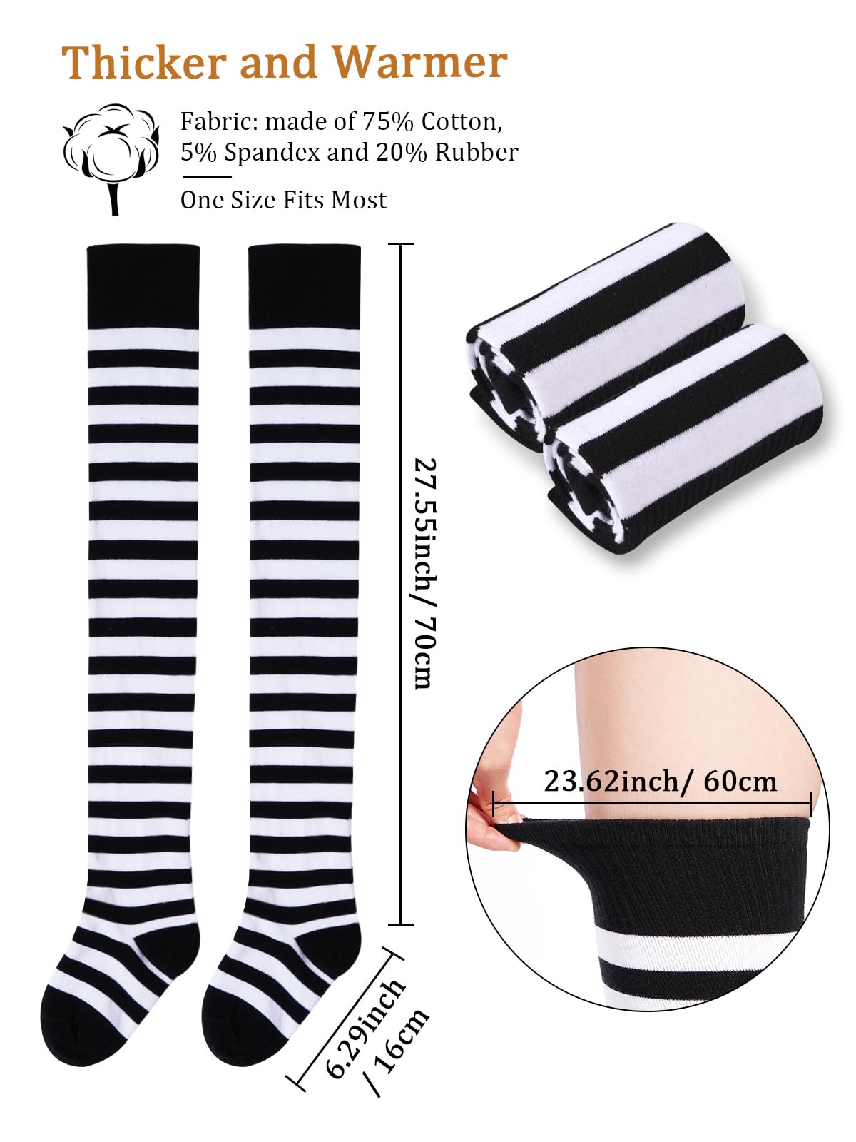 Moon Wood Womens Thigh High Socks Striped Knee High Socks Extra Long Cotton Knit Over the Knee Socks for Halloween: One Size Black & White