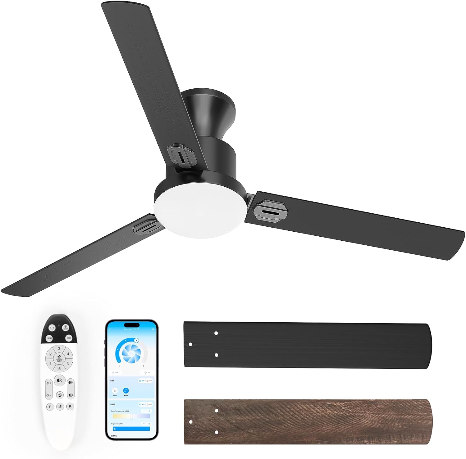 Obabala Ceiling Fans with Lights, 60 inch Flush Mount Ceiling Fan with Light and Remote Control & APP Reversible Quiet Motor Dimmable Noiseless Ceiling Fan for Bedroom Indoor/Outdoor 60IN Antique Oak Black
