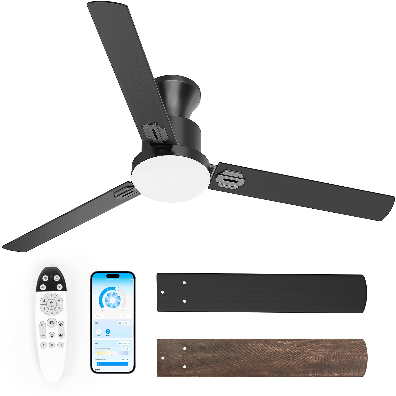 Obabala Ceiling Fans with Lights, 42 inch Flush Mount Ceiling Fan with Light and Remote Control & APP Reversible Quiet Motor Dimmable Noiseless Ceiling Fan for Bedroom Indoor/Outdoor