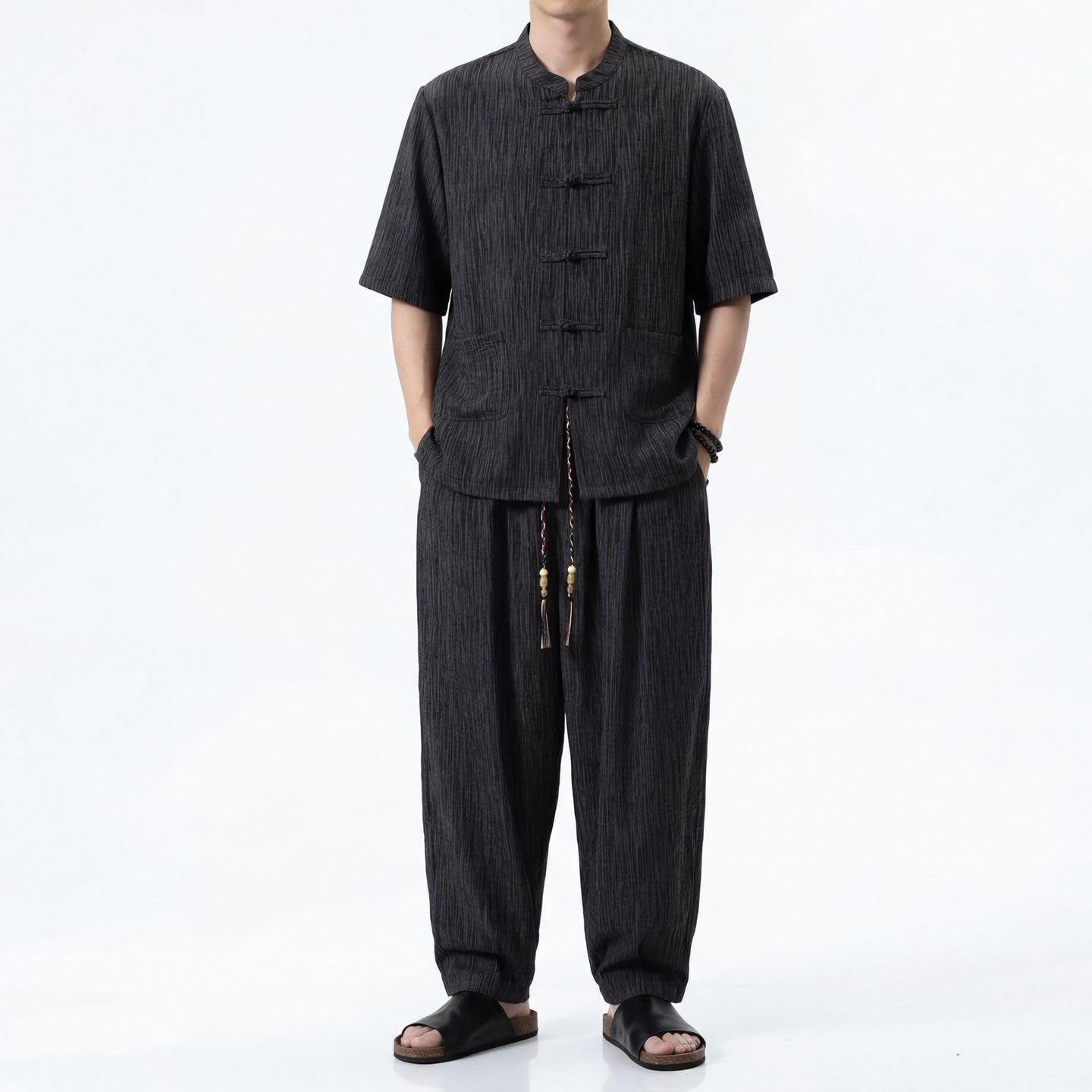 Męski garnitur w stylu chińskim Tang Ice Silk Casual Athletic Krótki rękaw Długie spodnie 2-częściowy strój