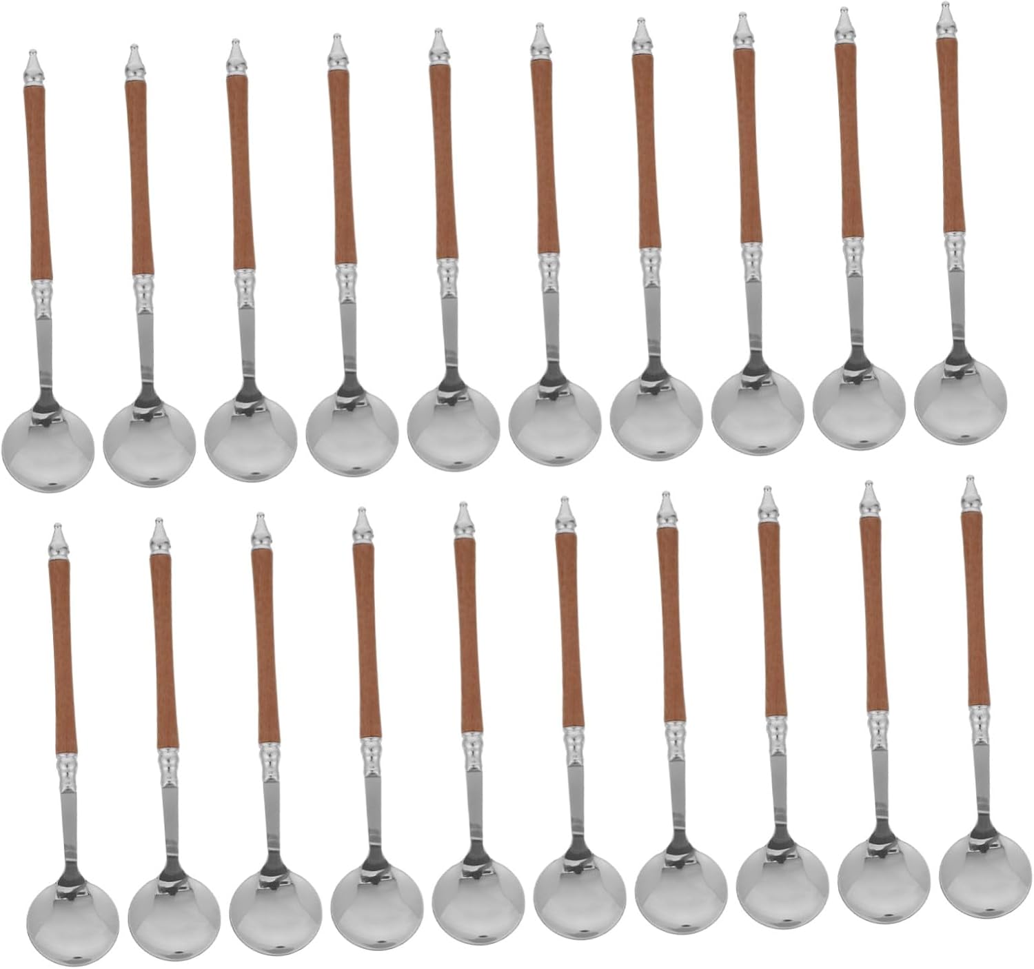 KICHOUSE 20pcs Stainless Steel Teaspoons Vintage Wood Handle, Small round Western Dessert and Dinner Spoons for Baking, Pudding, and Tableware Use