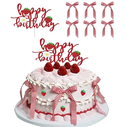 Strawberry Happy Birthday Cake Topper with Bows for Strawberry Shortcake