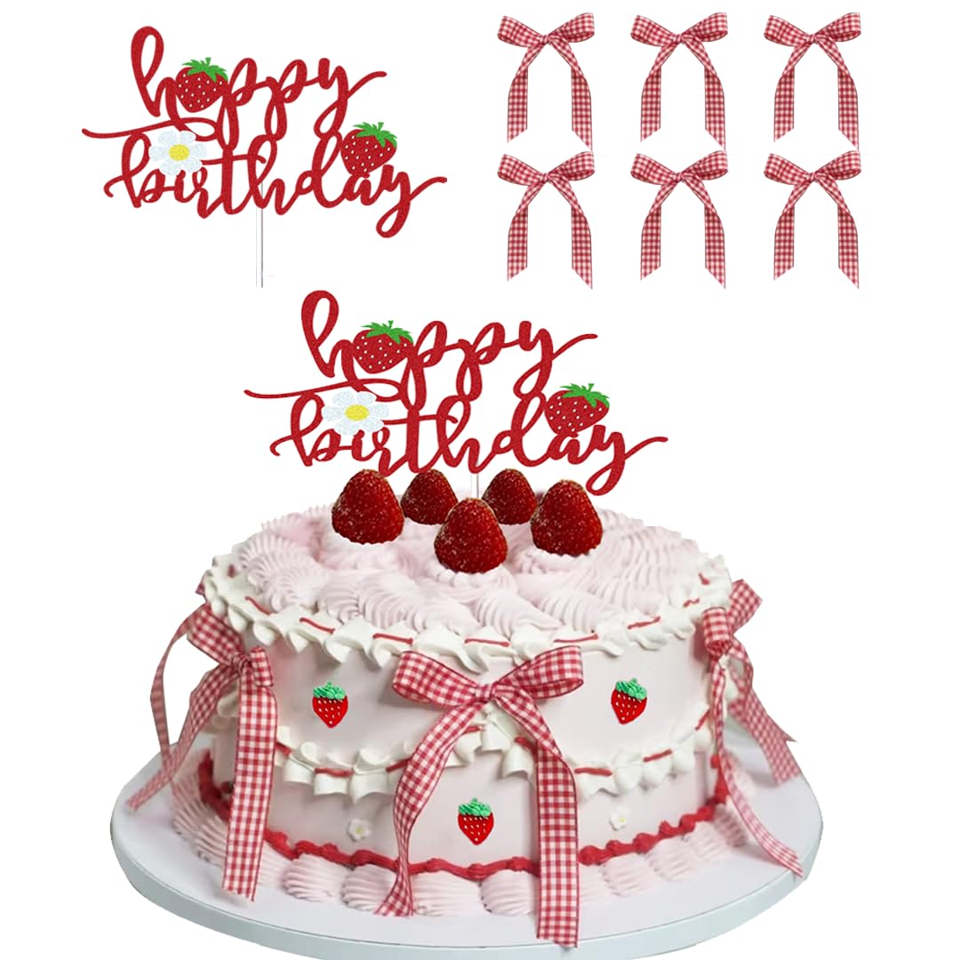 Strawberry Happy Birthday Cake Topper with Bows for Strawberry Shortcake Vintage Cake