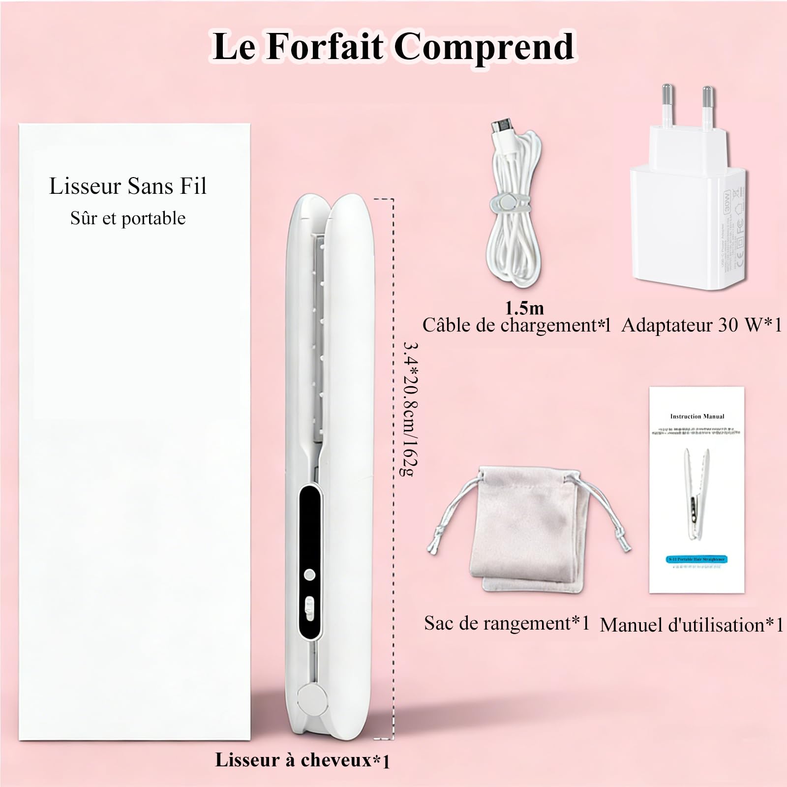 Lisseur Sans Fil, Lisseur Boucleur Cheveux 2 en 1, Mini Lisseur de Voyage sans Fil Rechargeable USB, Lisser Portable Utilisable Pendant la Charge, 3 Niveaux de Température, Affichage LCD