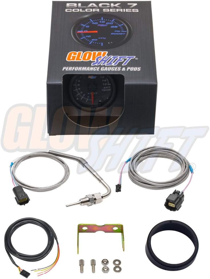 GlowShift Black 7 Color 1500F Pyrometer Exhaust Gas Temp Gauge Kit - Includes 1/8-27 NPT Type K EGT Probe & Wiring - Multi-Color Display - Black Dial - Clear Lens - for Diesel Trucks - 2-1/16" 52mm