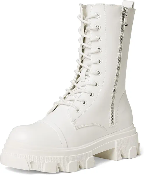 DREAM PAIRS Women's Combat Boots Lace up Mid Calf Boots Low Heel Chunky Platform Lug Sole Riding Boots,Size 11,White,DMB215
