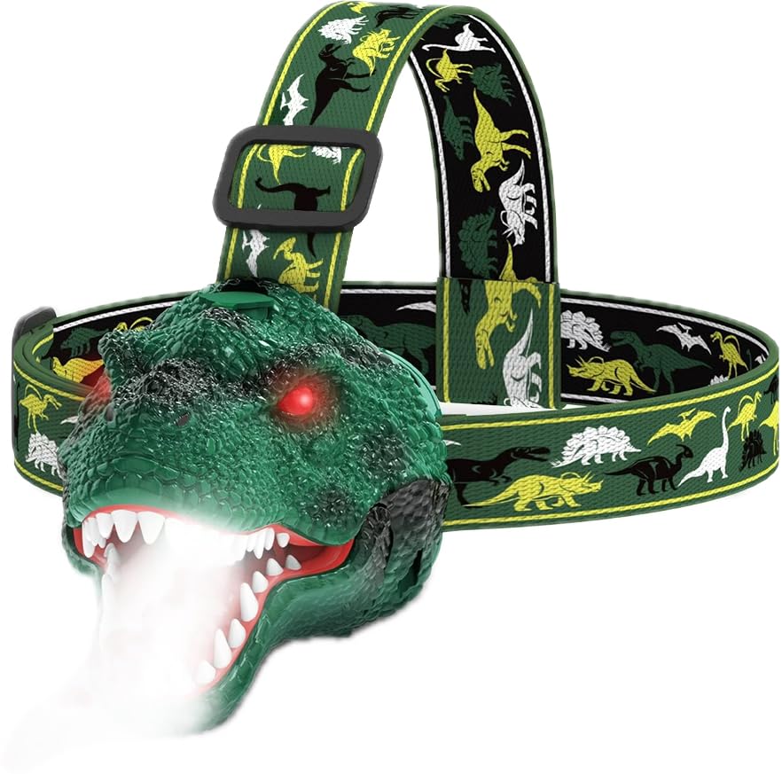 T-Rex Dinosaur LED Headlamp for Kids, Water Spray, Roaring Sounds, 3 Light Modes, Reading/Camping Torch (Green) USB Rechargeable