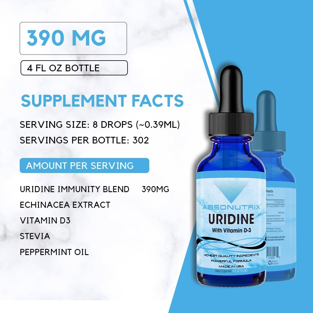 Absonutrix Uridine with Vitamin D-3, 343 mg, 4 FL OZ Liquid, 302 Servings, Made in USA, Plant-Based Ingredients, Gluten-Free