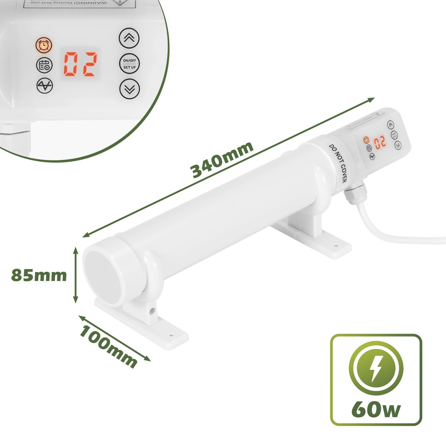 Riscaldamento a serra, 60 W, con timer termostatico, calendario e funzione ciclo, 34 cm, serra per piante, casetta da giardino, serre