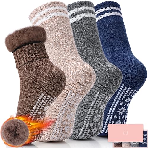 Image of ICEIVY Thermal Slipper Socks, Thick Grip Hospital Plush Slipper Grip Socks Women Winter Soft Warm Cozy Socks 4 Pairs