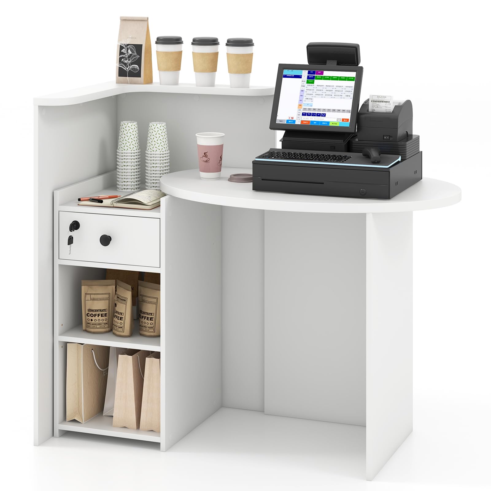 CASART Reception Desk, Cashier Counter Desk with Adjustable Shelf & Lockable Drawer, Modern Retail Counter Workstation for Salon Clothing Store Restaurant (All White)