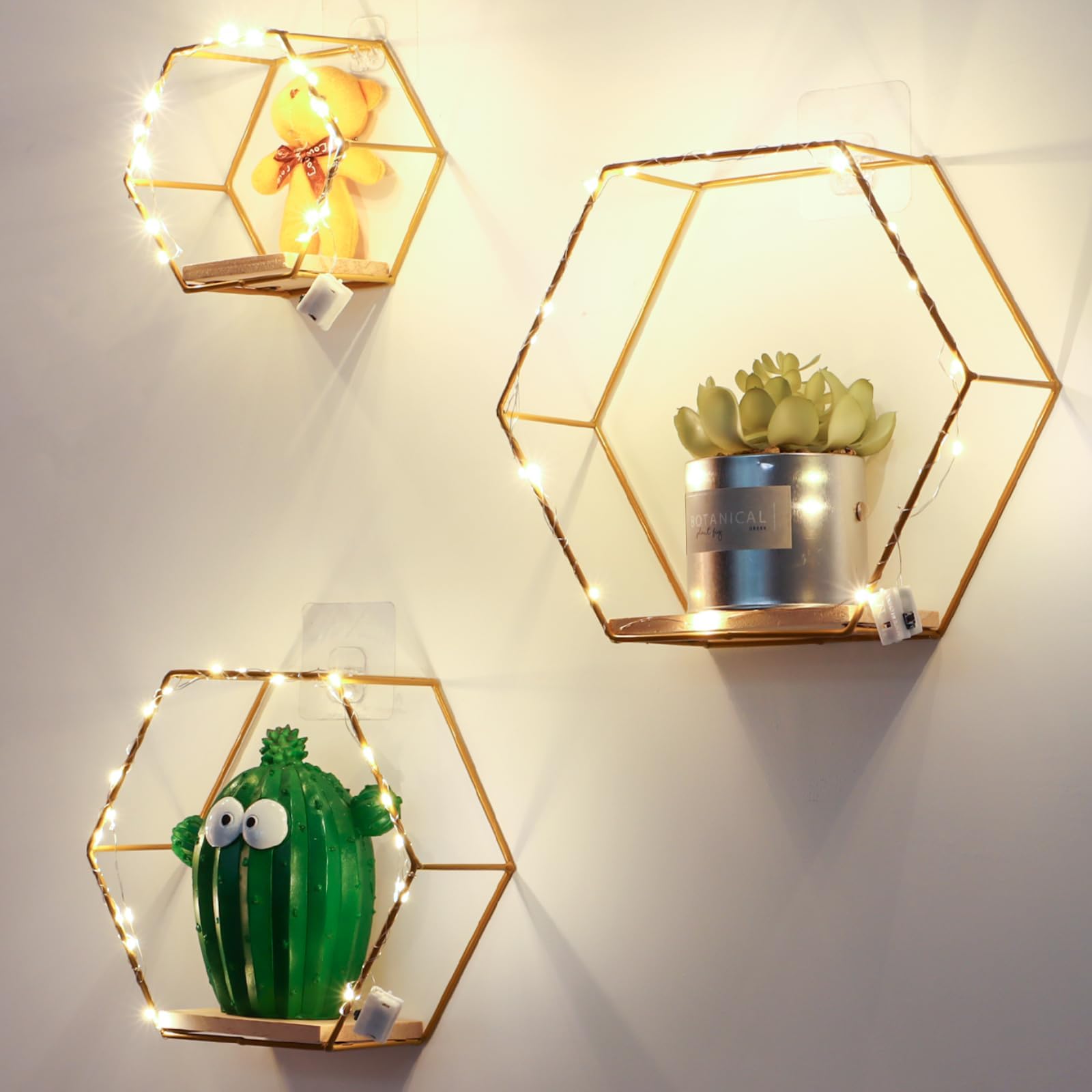 yeesport 3 PCS Hexagon Floating Shelves, Modern Hexagon Metal Wall Shelves with LED Light Strip, Wall Mounted Metal Storage Shelves Wall Decor with Wooden Base for Bedroom Bathroom