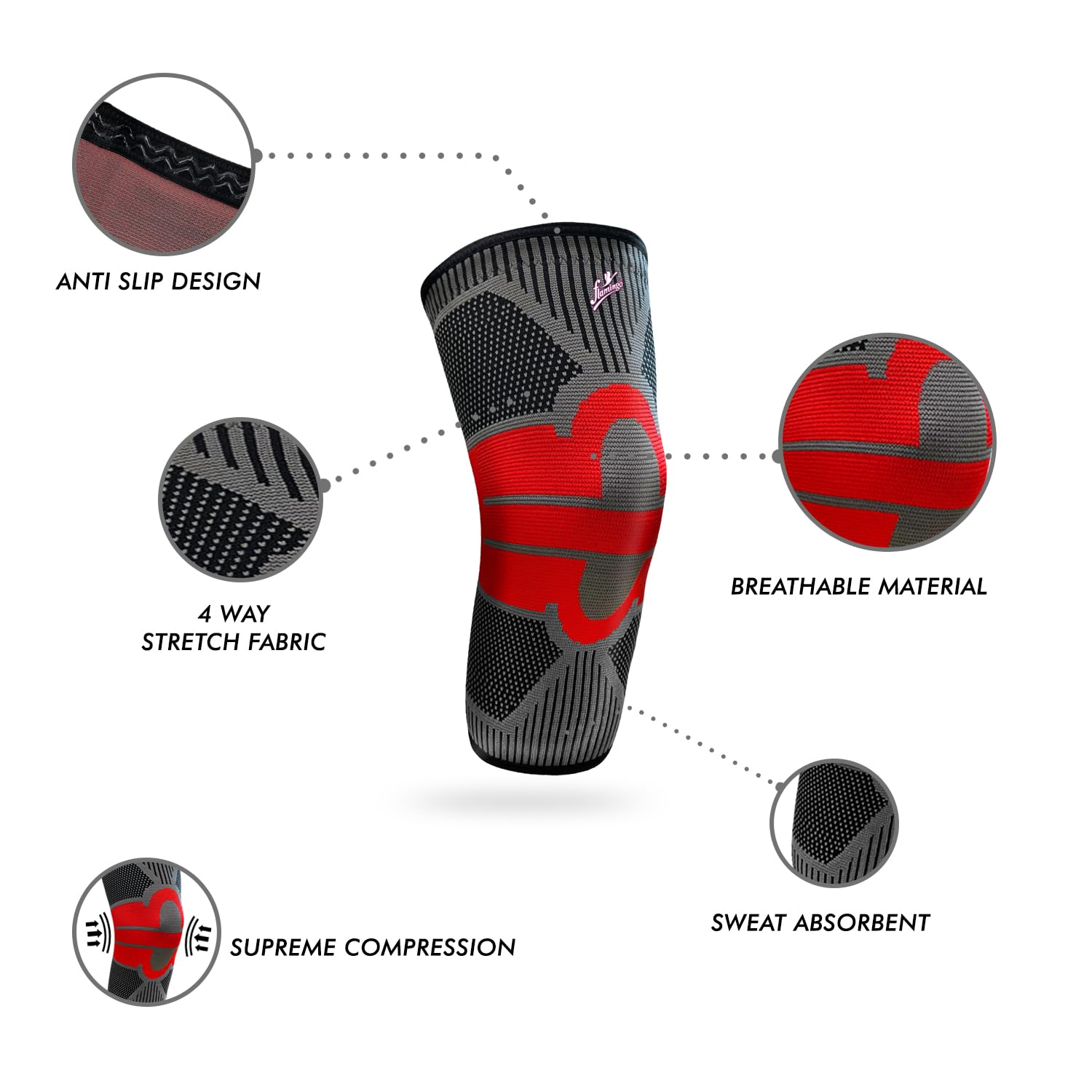 Flamingo Super Premium Knee Cap for Men & Women | Knee Support Brace for Pain Relief, Sports, Gym, Arthritis & Injury Recovery | Breathable Compression Sleeve - Black & Red | Medium