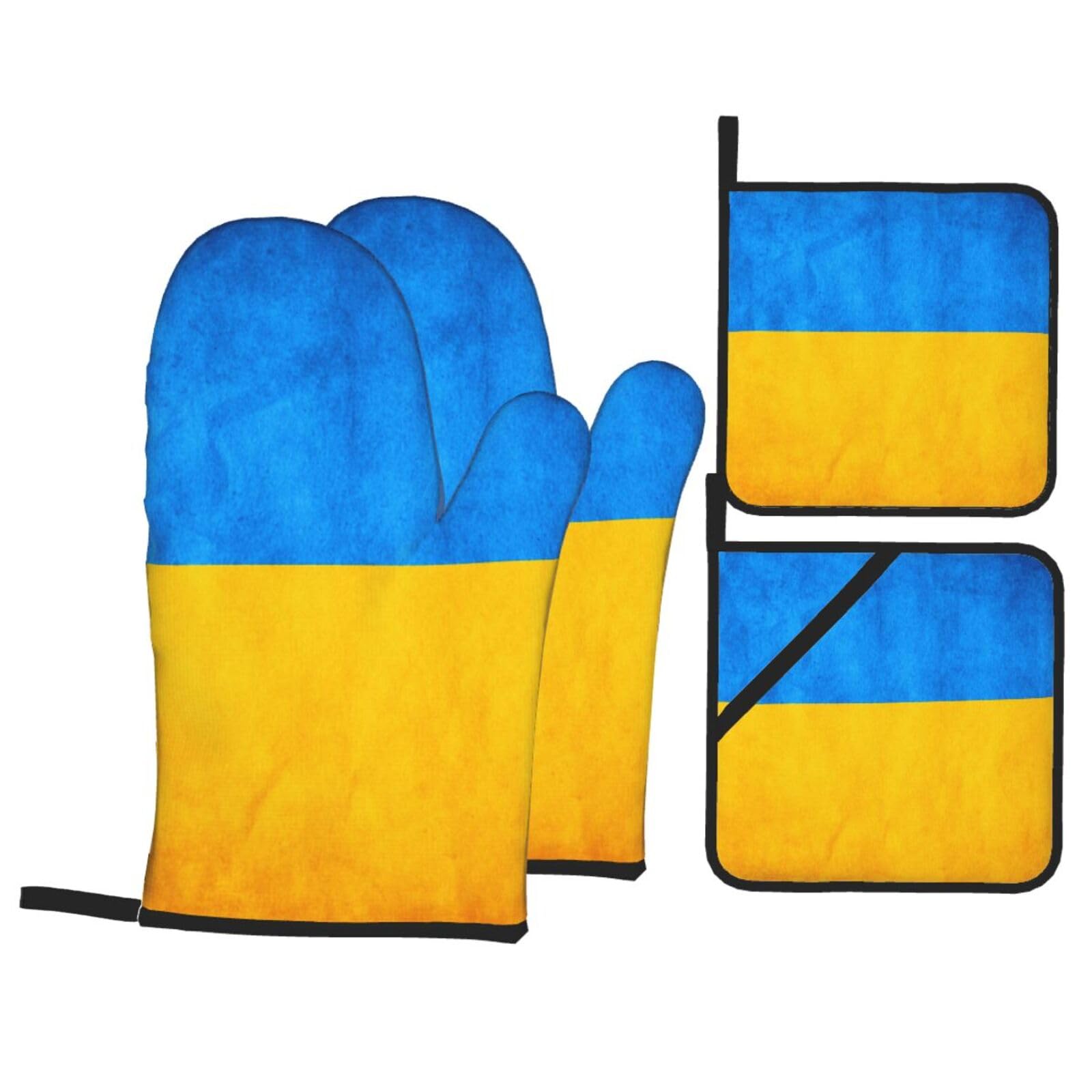 Nimongt Black Ukrainian Flag Print Heat-Resistant 4-Piece Oven Kitchen Gloves For Baking Cooking Microwaving Essentials
