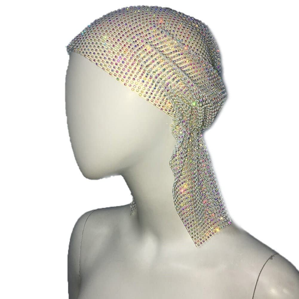 Casiler Women's White Rhinestone Head Scarf Bling Hollow Headdress Fashion Fishnet Headscarf Hip Hop Turban Hat Hair Accessories For