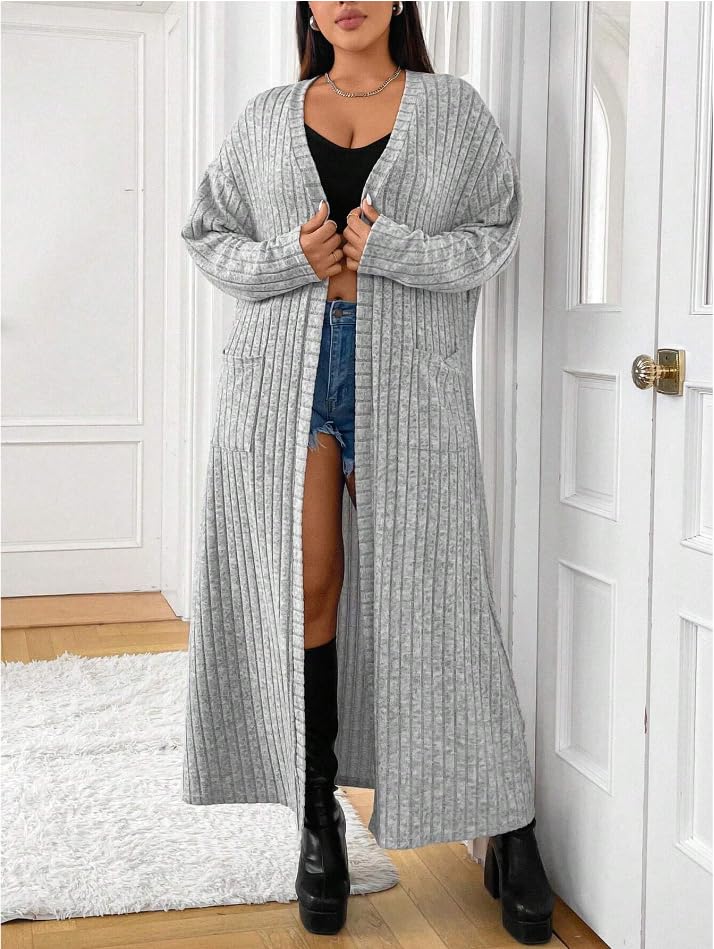 Women's Long Striped Cardigan Sweater, Long Open Design, Gray Knitted Fabric, Long Sleeves.2