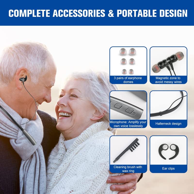 Rechargeable Wireless Neckband Hearing Aids for Seniors - Noise-Canceling, No Whistling, 2 Modes, 5 Volume Settings (Silver Grey)