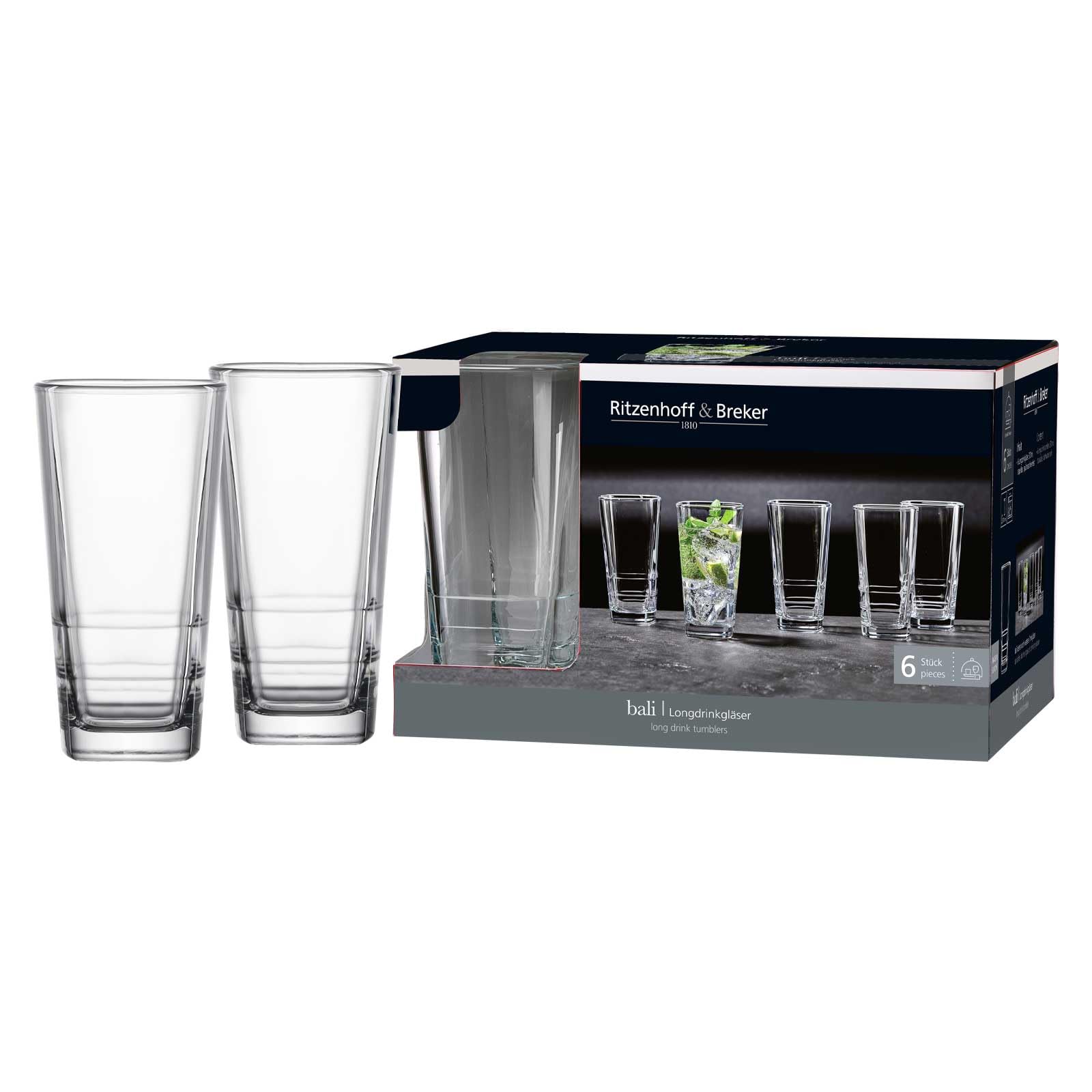 Ritzenhoff & Breker Bali Longdrinkgläser 12er Set – 370 ml – Glatte Trinkgläser für Wasser, Limo und Cocktails – Spülmaschinenfeste Gläser – Klar