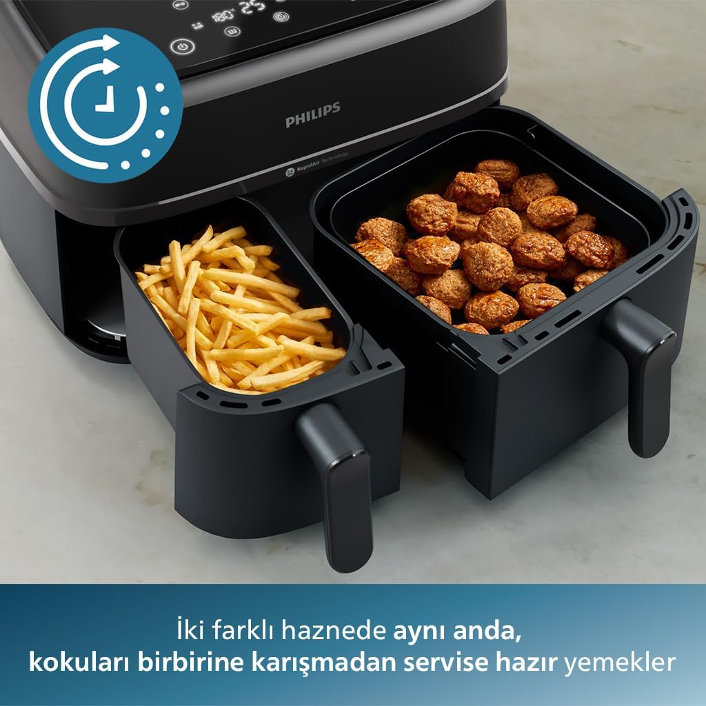 Philips Çift Hazneli Airfryer 3000 Serisi, 9L, 2 Hazneli Air fryer, Rapid Air Teknolojisi, Aileniz için Çok Yönlü Geniş Airfryer, Daha Az Yağ, Enerji Tasarrufu, HomeID Uygulaması (NA350/00)