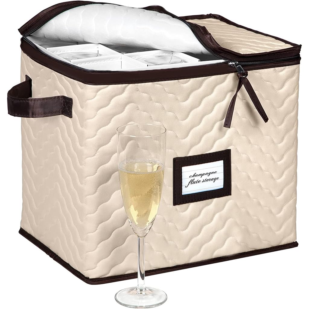 Champagne Flute Storage Box - Organizer Chest Holds 12 Stemware Glasses - Durable Microfiber Container Bin with Dividers and Carry Handles - Protects Flutes, Crystal Glass, Wine Glasses and Fine China