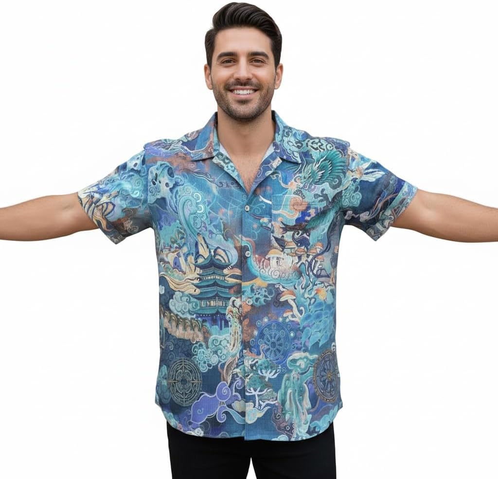 Men's Dreamland Art Slub Linen Shirt - Breathable Ethnic Printed Blouse, Relaxed Fit Summer Casual Button Down Top