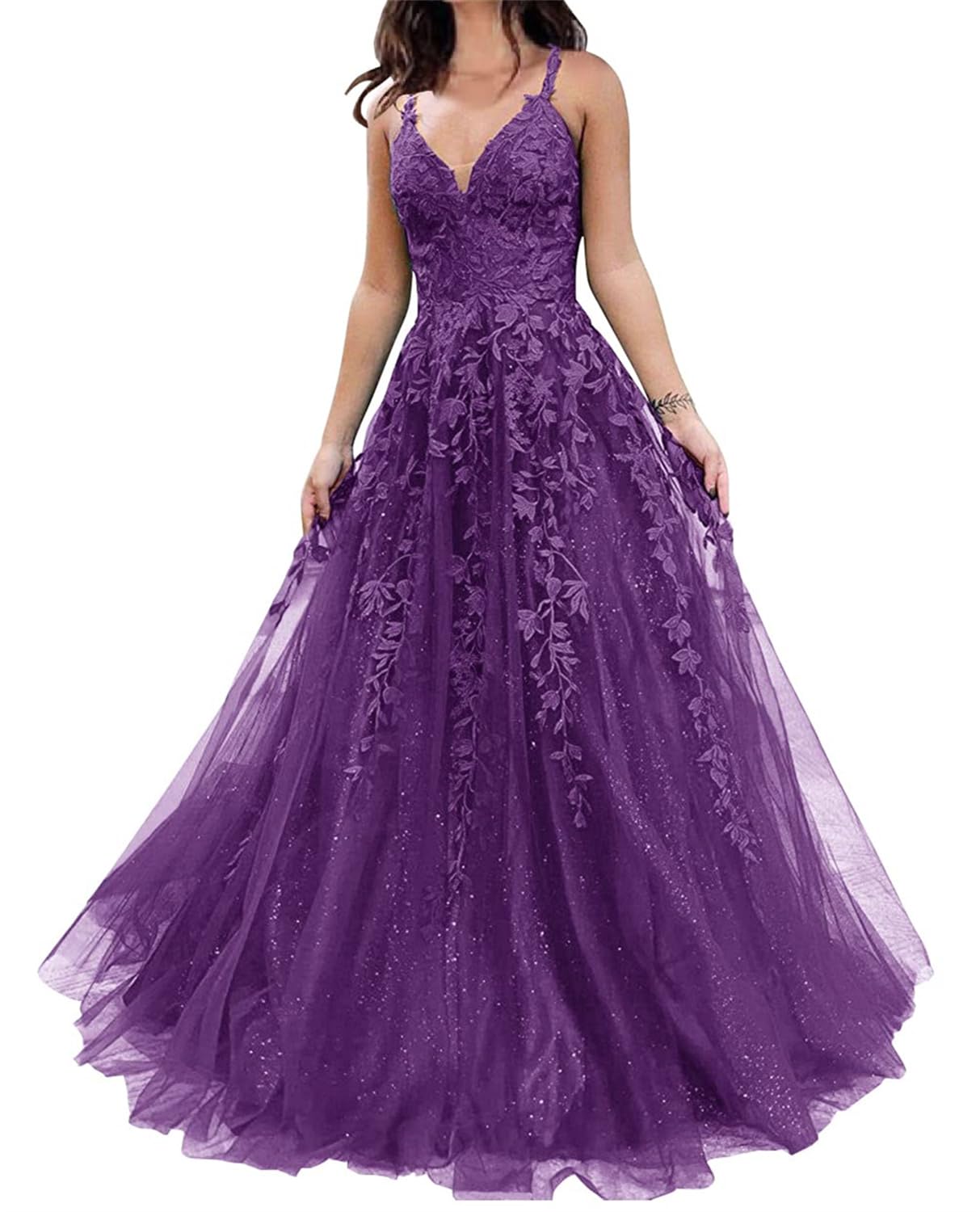 Yiann Women's Purple Sparkly Tulle Prom Dresses For With Lace Applique 2024 Spaghetti Strap V Neck Formal Ball Gown Uk20