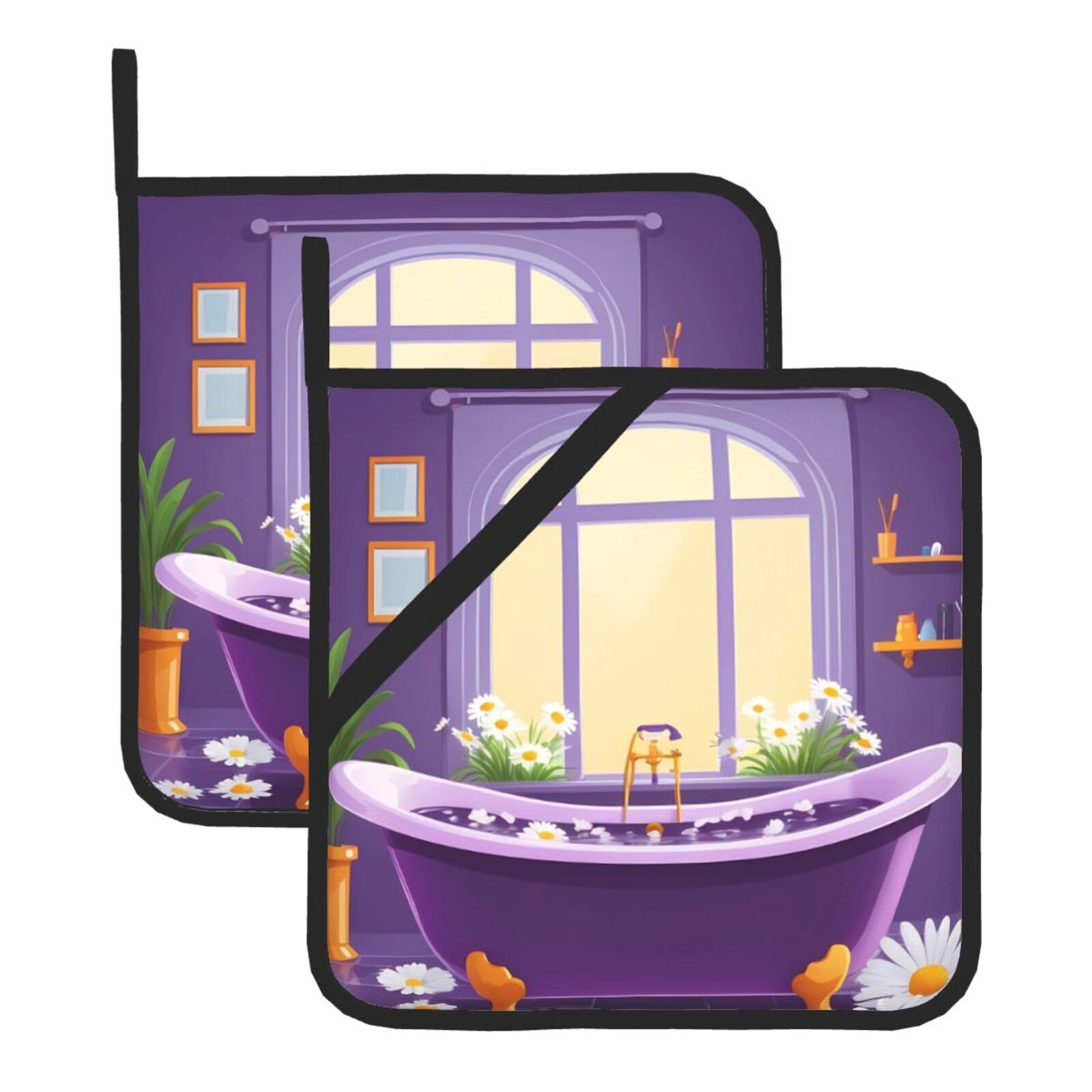 HJFCZH Purple Bathtub and Daisy Printed Square Insulated Pot Mat Set (2-Piece) 8x8in Waterproof, Thickened & Easy to Clean with Lanyard Design for Kitchen, Oven & BBQ