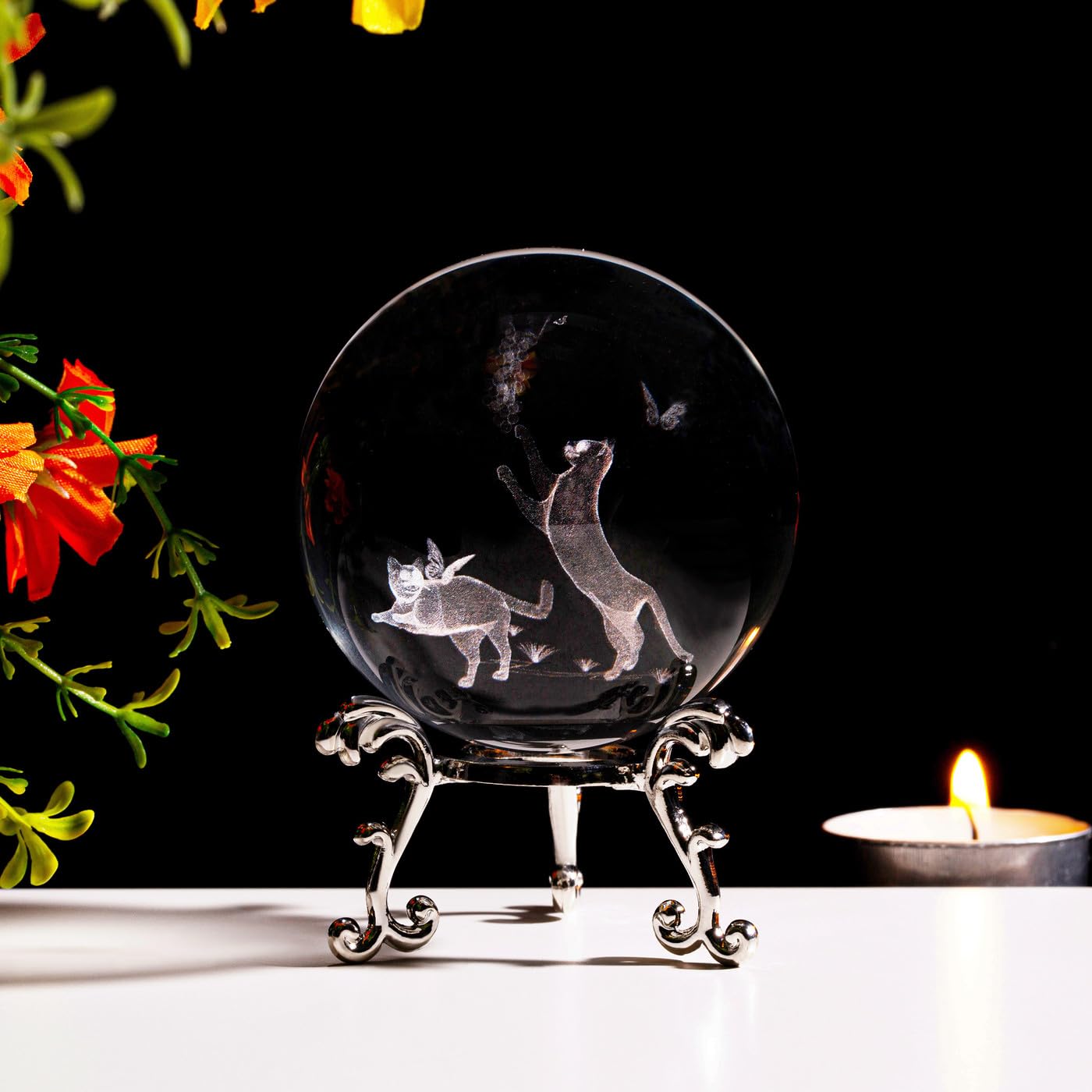 Sahoottie 60mm 3D Cats Crystal Ball Paperweight Cat Gifts for Women Cat Ornaments for Cat Lovers Witchy Gifts for Women
