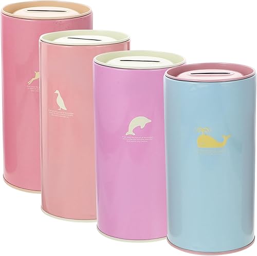 VILLCASE Juego de 4 macetas de ahorro de dinero con diseño de animales de dibujos animados para niños y niñas, soporte resistente, delfín, ballena y