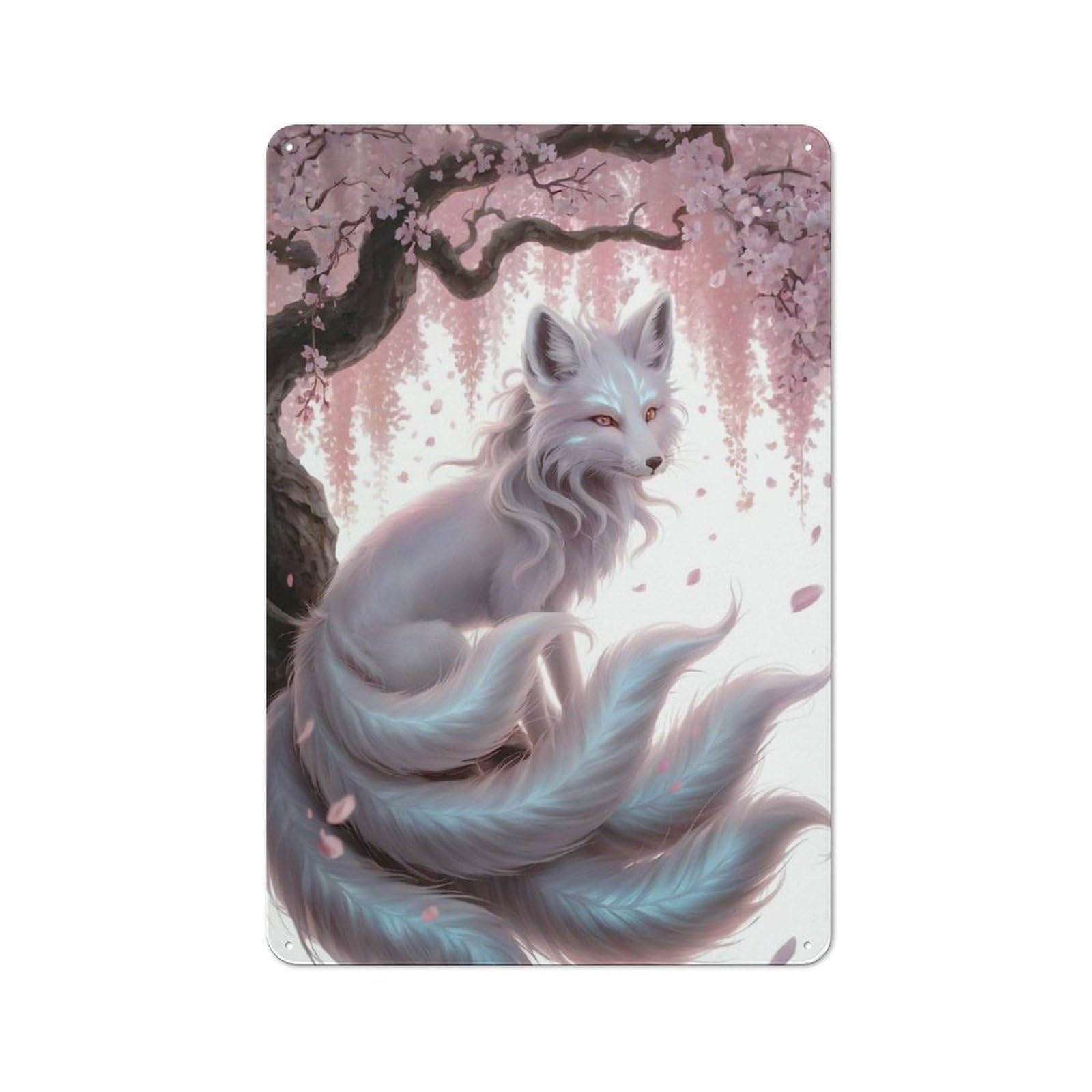 Junmoney Style-12 For Hobby Room Or Studio, Nine-Tailed Fox Under Cherry Blossoms Rustic Tin Wall Plaque 30X20cm, For Vintage Wall Decor Fans, For Metal Sign Collectors