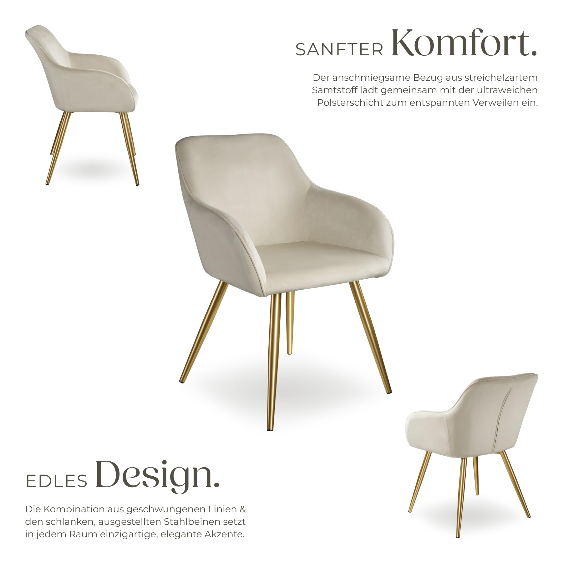 tectake® Esszimmerstuhl, Sessel bequem mit Armlehne, Polsterstuhl, Samtstoff Cocktailsessel, Loungesessel für Wohnzimmer, Esszimmer, Moderne Küchenstühle, Bürostuhl créme/Gold