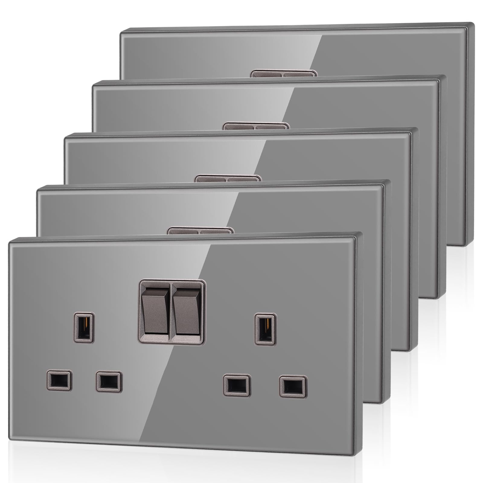5 Pack CNBINGO Glass Double Switched Power Socket, Electric Power Sockets 2 Gang 13 Amp, Grey Double Wall Outlet with Tempered Glass Panel