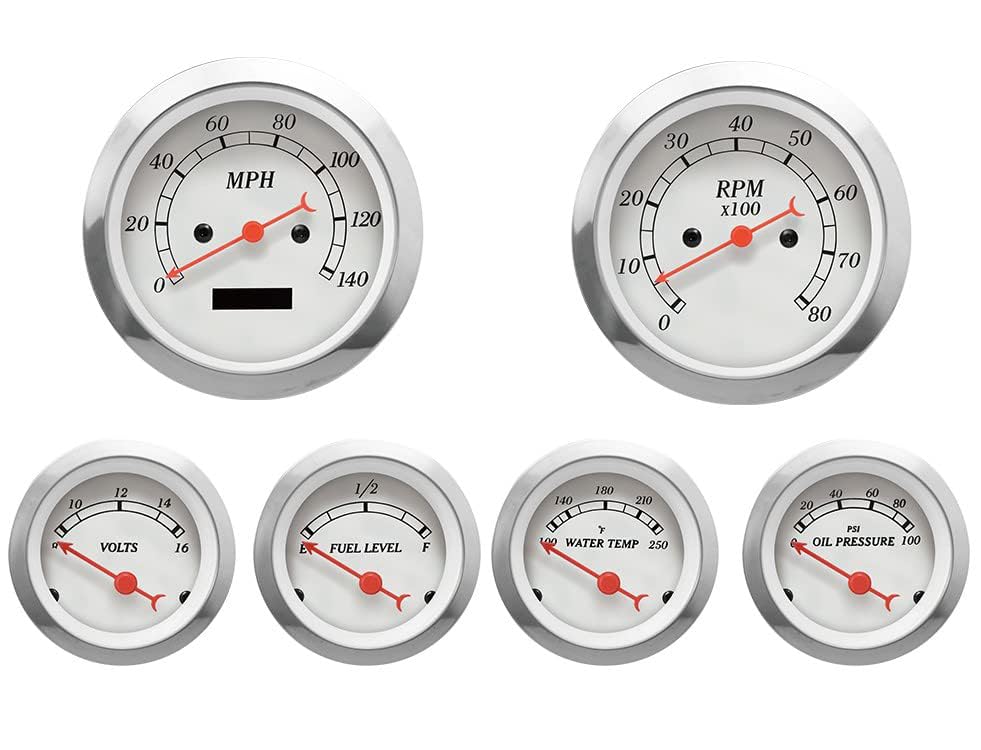 Image of Classic Electrical 6 Gauge Set White Dial Red Needle | With ECU Based, 85mm, 3-3 /8 inch, 52mm, 2-1 /16 inch, Speedometer With Digital Odometer, Light Bulb Illumination, Car, Automobile