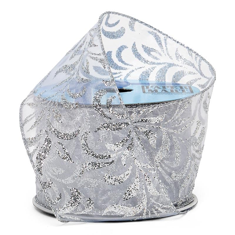 Paper Mart 2 1/2" X 10 Yards Silver Sheer Silver Brocade Wired Ribbon Christmas