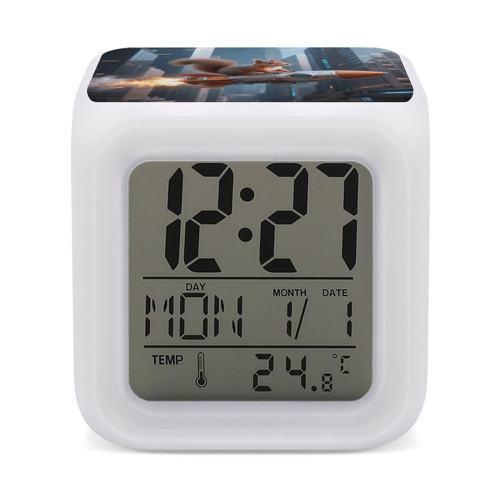 VstaDank Rocket Squirrel Alarm Clock with Date Temperature Large LED Display Number Clocks with 7 Colors Changing Desk Clock Battery Operated Digital Clocks with Date for Heavy Sleepers