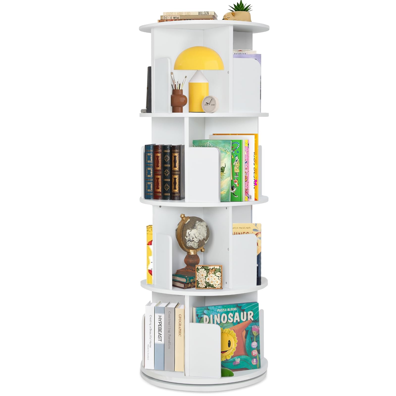 labebe Drehbares Bücherregal 360 Grad, Holz-Eck-Bücherregal, 4-stöckiges drehendes Bücherorganisator, Aufbewahrungsregal Organisator, weiß